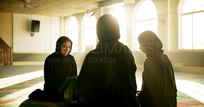 Buy stock photo Muslim women, mosque or learning to worship for support, Dua or gratitude to Allah in holy temple. Palestine, lens flare and spiritual people kneeling for God on Ramadan for studying Islam together