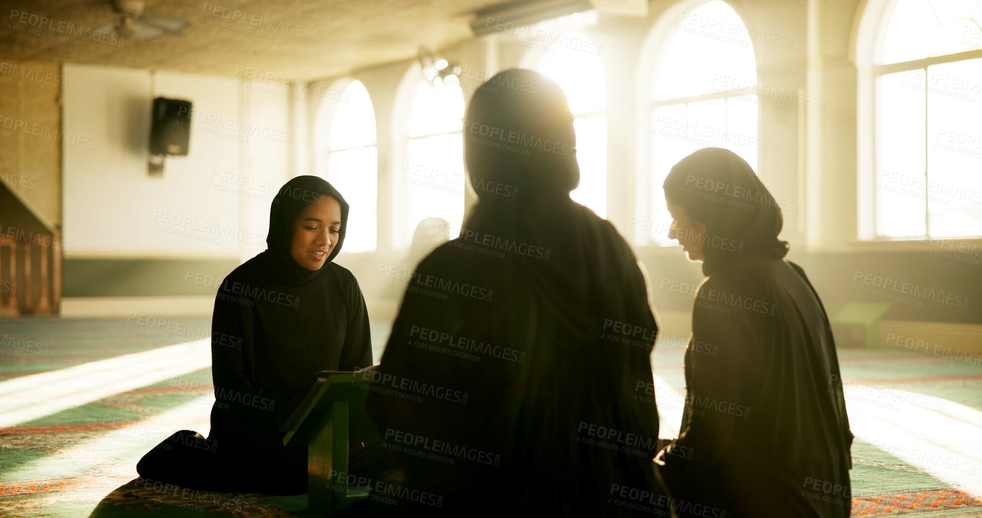 Buy stock photo Muslim women, mosque or learning to worship for support, Dua or gratitude to Allah in holy temple. Palestine, lens flare and spiritual people kneeling for God on Ramadan for studying Islam together