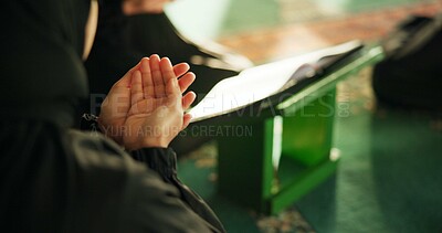 Buy stock photo Muslim woman, mosque or prayer hands to worship for Palestine, gratitude or support to Allah in holy temple. Dua, Islamic or spiritual people kneeling for God on Ramadan Kareem reading Quran together
