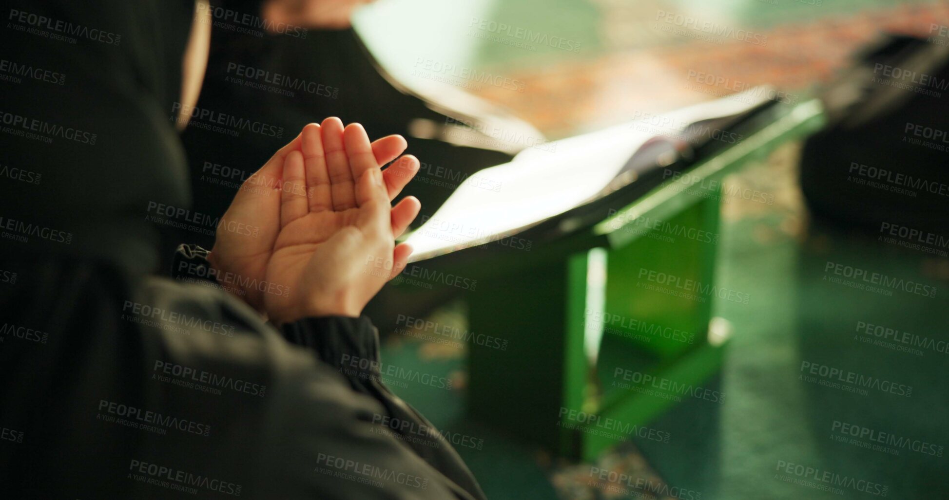Buy stock photo Muslim woman, mosque or prayer hands to worship for Palestine, gratitude or support to Allah in holy temple. Dua, Islamic or spiritual people kneeling for God on Ramadan Kareem reading Quran together
