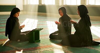 Buy stock photo Quran, learning or Muslim women in mosque to worship for Palestine, learning or gratitude to Allah. Dua, Islamic faith or spiritual people kneeling for God on Ramadan Kareem for reading book together