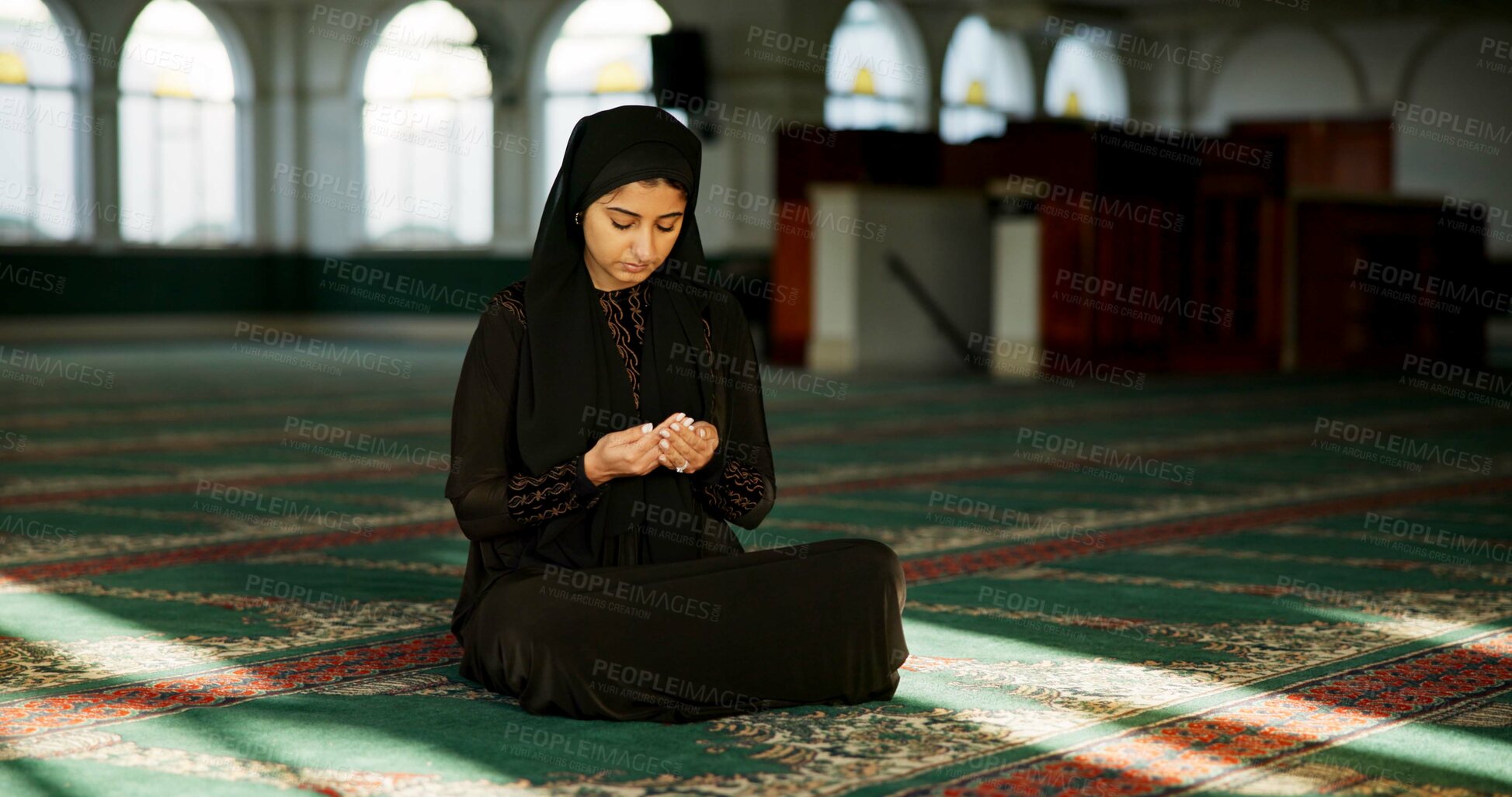Buy stock photo Muslim woman, mosque or praying for Palestine, gratitude or support to Allah alone in holy temple. Dua, Islamic and spiritual person asking God for worship and peace on Ramadan Kareem in religion