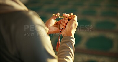 Buy stock photo Muslim person, mosque or hands with beads praying for Palestine, gratitude or support to Allah in holy temple. Dua, Islamic ritual and counting for worship, peace or God on Ramadan Kareem in religion