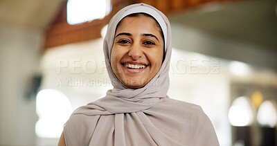 Buy stock photo Laugh, islam and portrait of woman in mosque for praying, worship and muslim religion. Eid Mubarak, ramadan and spiritual with person wearing hijab in Saudi Arabia for culture, peace and faith 