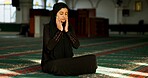 Islamic woman, peace or praying to worship in Mosque for Palestine, gratitude and support to Allah. Hijab, Muslim and spiritual person on carpet asking God  for hope and wellness on Ramadan Kareem