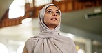 Islam, thinking and faith with woman in mosque for praying, worship and muslim religion. Eid Mubarak, ramadan and spiritual with person wearing hijab in holy temple for culture, peace and God