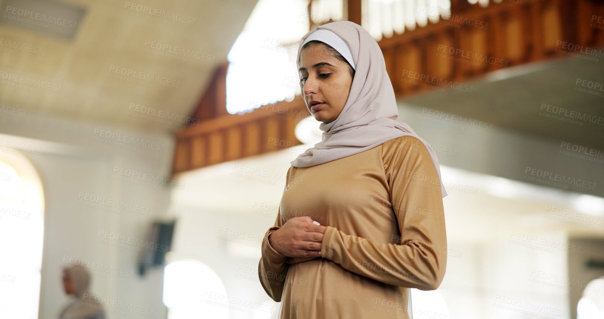 Buy stock photo Muslim, prayer and religion with woman in mosque to praise or worship Allah for ramadan. Hajj, hijab and Islam with Arabic person praying at temple for belief, culture or faith in Middle East