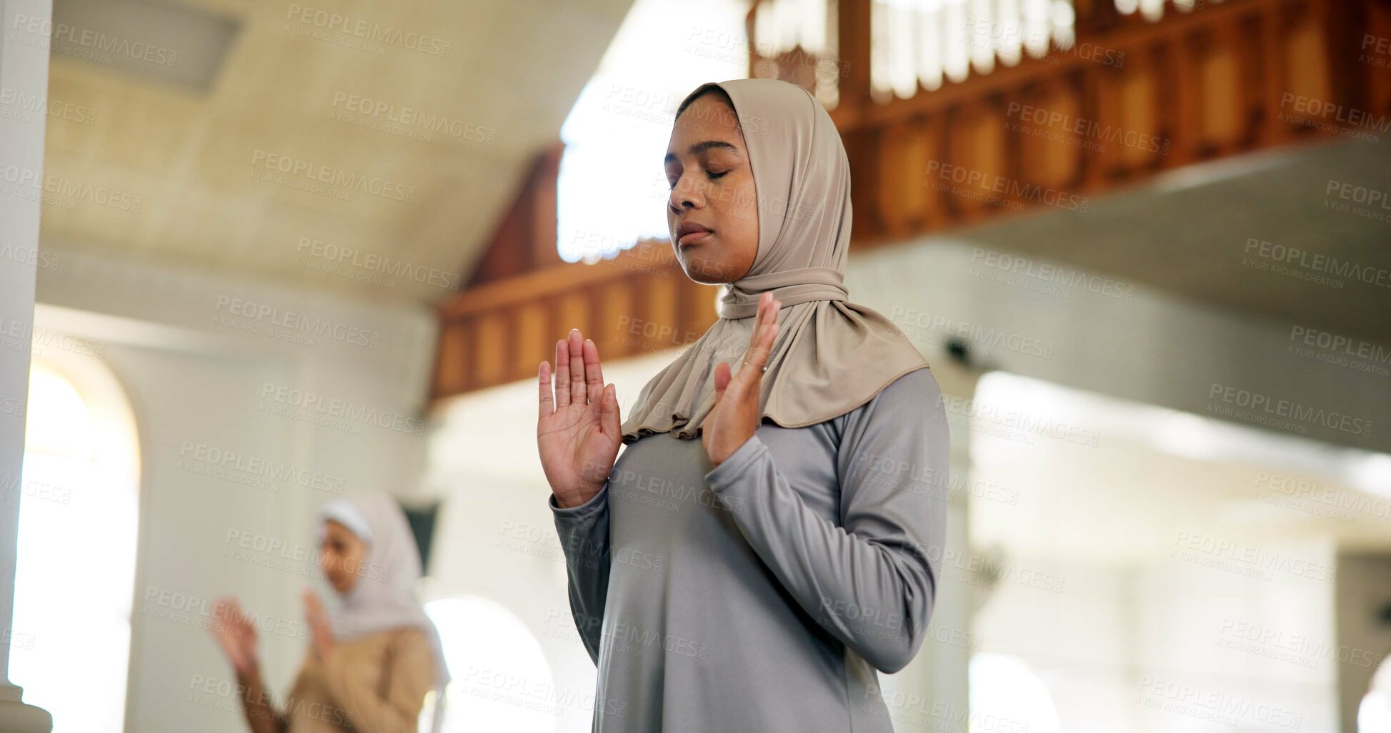 Buy stock photo Islamic woman, praise or praying to worship in Mosque for Palestine, gratitude and support to Allah. Hijab, Muslim and spiritual person asking God for hope, forgiveness and peace on Ramadan Kareem