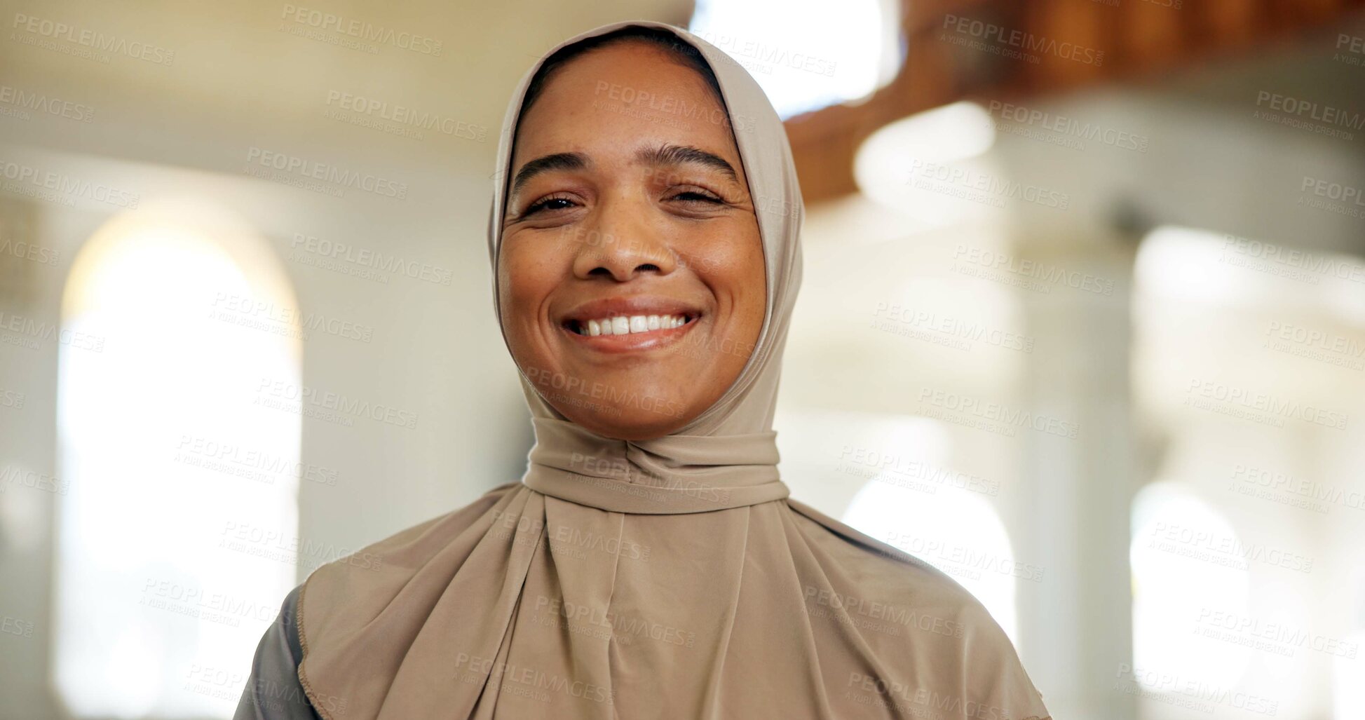 Buy stock photo Smile, muslim and portrait of woman in mosque for praying, worship and islam religion. Eid Mubarak, ramadan and spiritual with person wearing hijab in Saudi Arabia for culture, peace and faith 