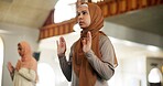 Hijab, muslim and prayer with woman in mosque to praise or worship Allah for ramadan. Haji, Islam and religion with Arabic person praying at temple for belief, culture or faith in Middle East