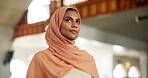Muslim, thinking and faith with woman in mosque for praying, worship and islam religion. Eid Mubarak, ramadan and spiritual with person wearing hijab in holy temple for culture, peace and God