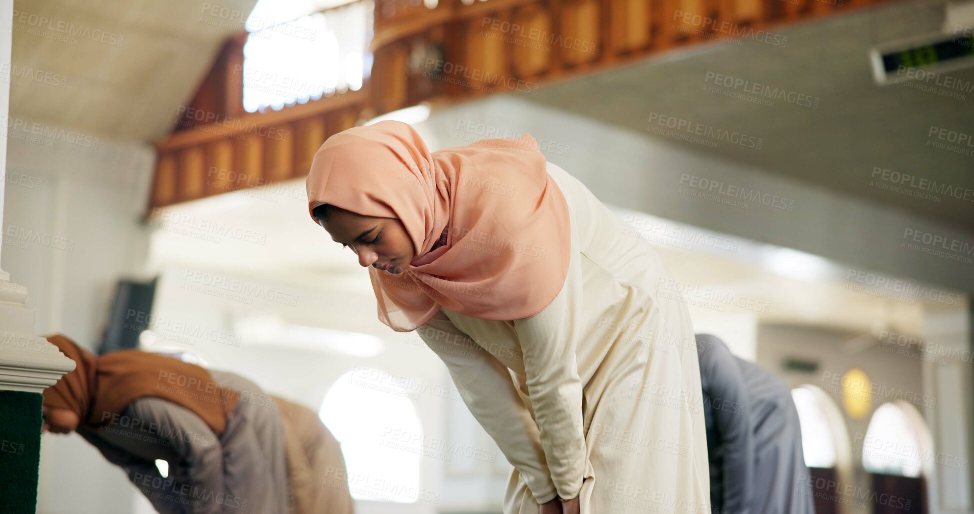 Buy stock photo Islamic woman, praise or bow to worship in Mosque for Palestine, gratitude and support to Allah in holy temple. Hijab, Muslim and spiritual person in prayer for hope, faith and God on Ramadan Kareem