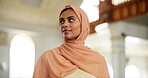 Islam, thinking and worship with woman in mosque for praying, reflection and muslim religion. Eid Mubarak, ramadan and spiritual with person wearing hijab in holy temple for culture, peace and faith 