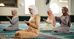 Muslim, mosque or women to worship for Palestine, gratitude or support to Allah on holy carpet. Dua, Islamic community and spiritual people kneeling for God, trust or peace on Ramadan Kareem together