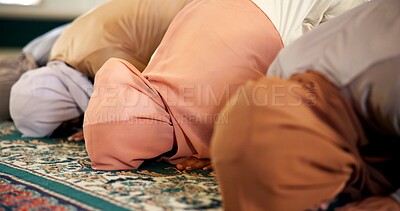 Buy stock photo Islamic, bow or women in mosque to worship for Palestine, gratitude and support to Allah on holy carpet. Kneel, community or Muslim people praying to God for faith and Dua on Ramadan Kareem together