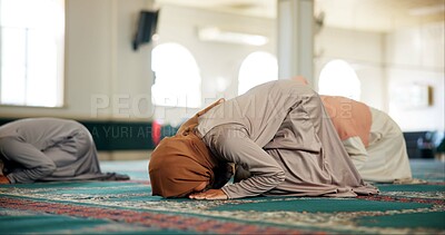 Buy stock photo Islamic, bow or women in mosque praying for Palestine, gratitude and support to Allah on holy carpet. Kneeling, community or Muslim people worship God for faith and Dua on Ramadan Kareem together