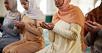 Muslim, prayer hands or people in mosque to worship for Palestine, gratitude and support to Allah. Dua, community or Islamic women praying to God for faith, trust and peace on Ramadan Kareem together