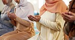 Islam, women and hands in Mosque for religion, faith and spiritual reverence for prayer. Muslim people, inclusion and reflection in temple for dua, devotion and worship for Ramadan with mindfulness