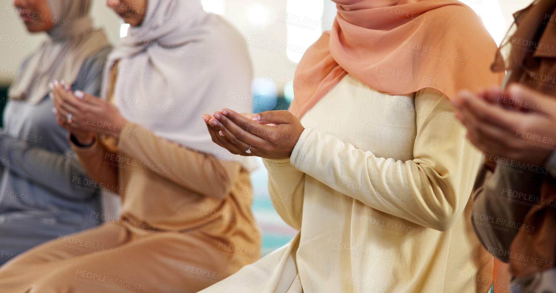 Buy stock photo Islam, women and hands in Mosque for prayer, faith and spiritual reverence in religion. Muslim people, commitment and reflection in temple for dua, devotion and worship for Ramadan with mindfulness
