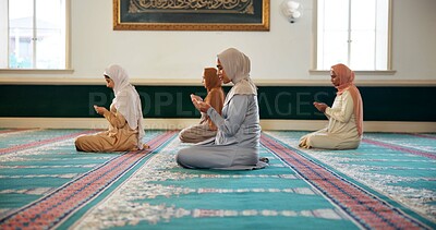 Buy stock photo Islam, women and prayer in Mosque for religion, faith and spiritual reverence for worship. Muslim people, profile and respect in hijab for dua, devotion and meditation for Ramadan with mindfulness
