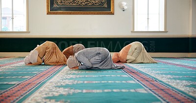 Buy stock photo Islam, people and prayer in Mosque for religion, faith and spiritual reverence for worship. Muslim women, inclusion and respect in hijab for dua, devotion and meditation for Ramadan with mindfulness