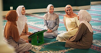 Buy stock photo Friends, talking or Muslim women in mosque learning to worship for Palestine, gratitude or support. Chat, Islamic faith and spiritual people with quran book for God on Ramadan for studying together