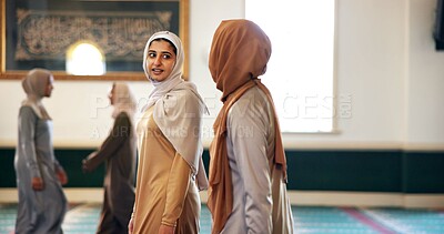 Buy stock photo Muslim women, talking or walking in mosque for praying for Palestine, gratitude or support to Allah. Chat, Islamic and religious people speaking of God, peace and faith on Ramadan Kareem together