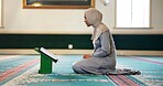 Muslim woman, Quran or reading book in mosque for Palestine, gratitude or support to Allah in holy temple. Profile, Islamic or spiritual person kneeling for God, learning or prayer on Ramadan Kareem