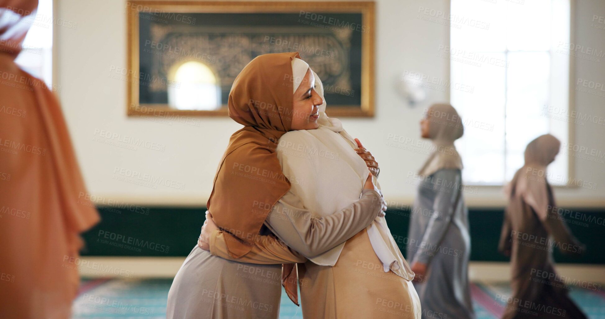 Buy stock photo Muslim women, love or hug in mosque for support, Palestine or gratitude in worship for Allah. Students, Islamic community and spiritual people with care or hope for God on Ramadan Kareem together
