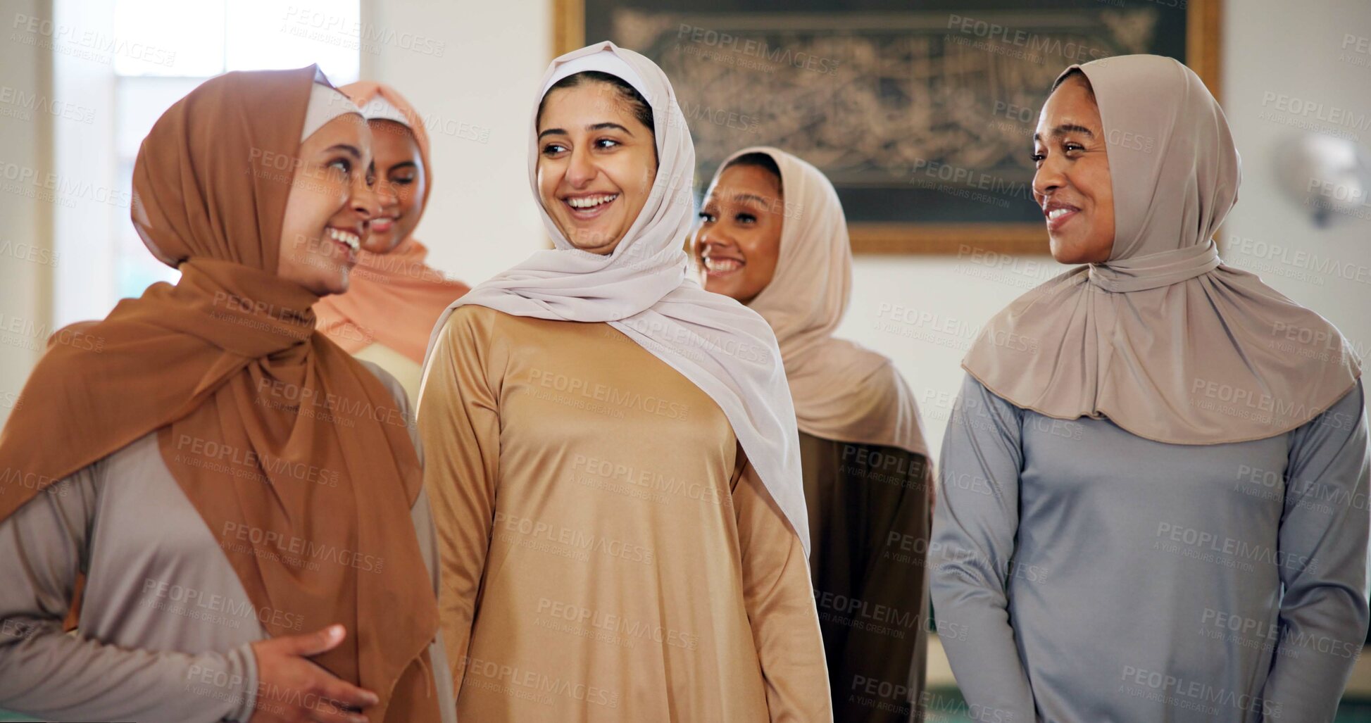 Buy stock photo Smile, talking or Muslim woman in mosque to worship for Palestine, gratitude or support to Allah. Happy, Islamic faith and spiritual people in conversation for God on Ramadan for learning together