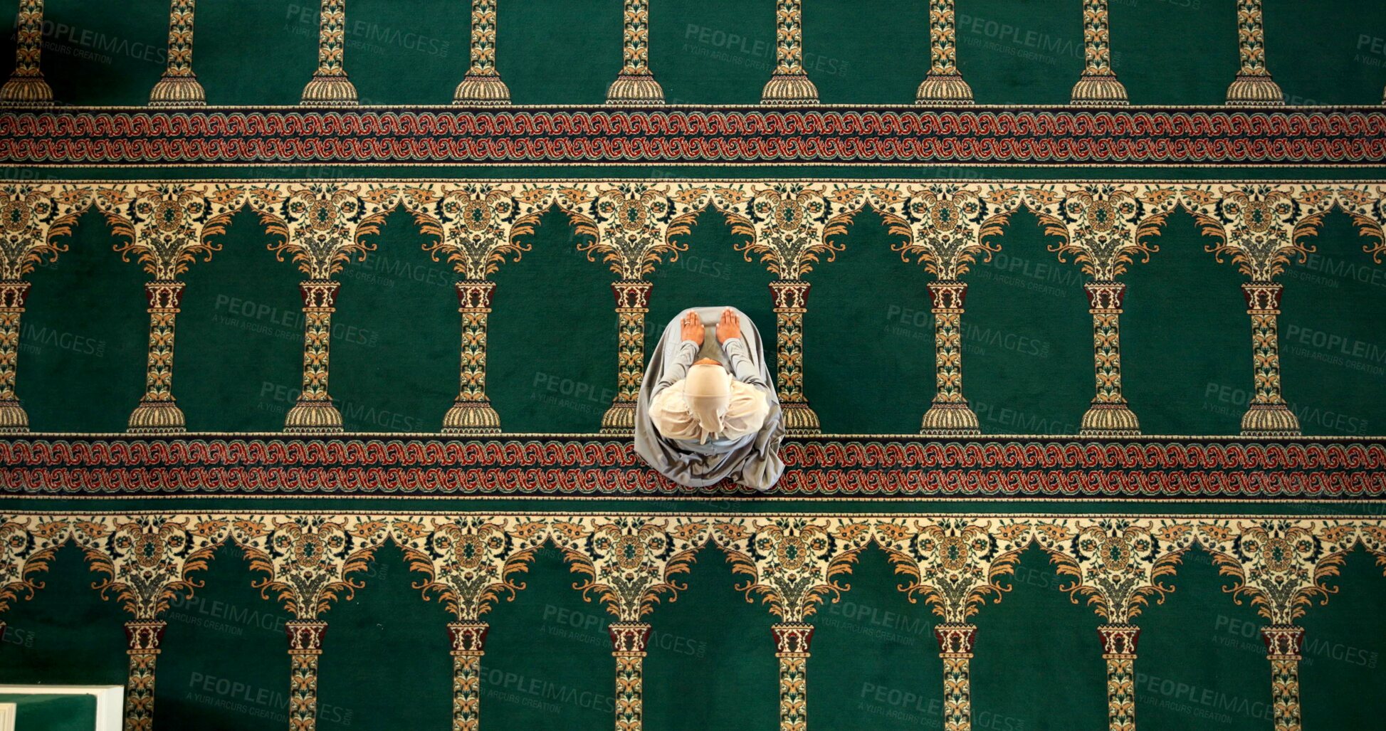 Buy stock photo Muslim woman, above and mosque with pray for dua, thikr or holy religion in salah at temple. Top view, female person or arab in islam for spiritual belief, faith or worship of allah at indoor masjid