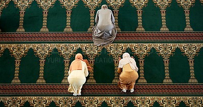 Buy stock photo Above, Islam and women in Mosque for religion, faith and spiritual reverence for prayer. Muslim people, inclusion and worship in hijab for dua, devotion and meditation for Ramadan with mindfulness