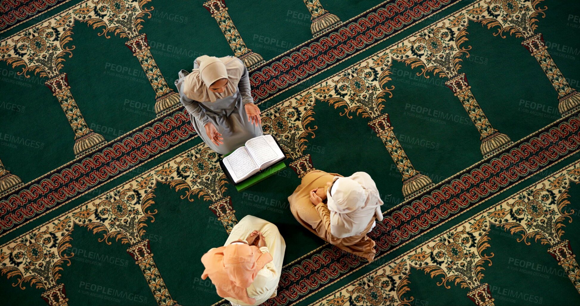 Buy stock photo Muslim, women or above of Quran to worship for support, teaching or learning gratitude to Allah. Palestine, learning book and people kneeling for God on Ramadan for studying Islamic religion together