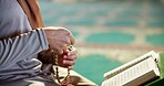 Muslim person, hands or tasbih with quran at mosque for recitation, praying or dua in temple. Islam, closeup or arab with islamic testament, holy scripture or faith in belief for thikr or word of god
