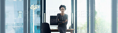 Buy stock photo Portrait, business and black woman with arms crossed, modern office and confidence with employee, tech or proud. Serious, African person or entrepreneur with computer or career ambition in workplace