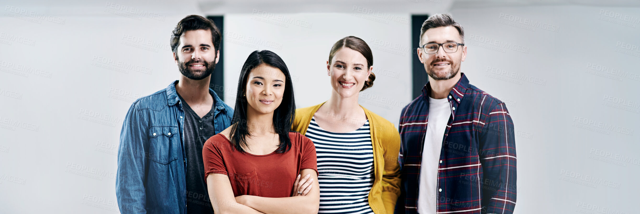 Buy stock photo Group, portrait and startup for proud, creatives and team for collaboration and small business. Web designers, office and employee workshop for staff or professional workforce with people cooperation