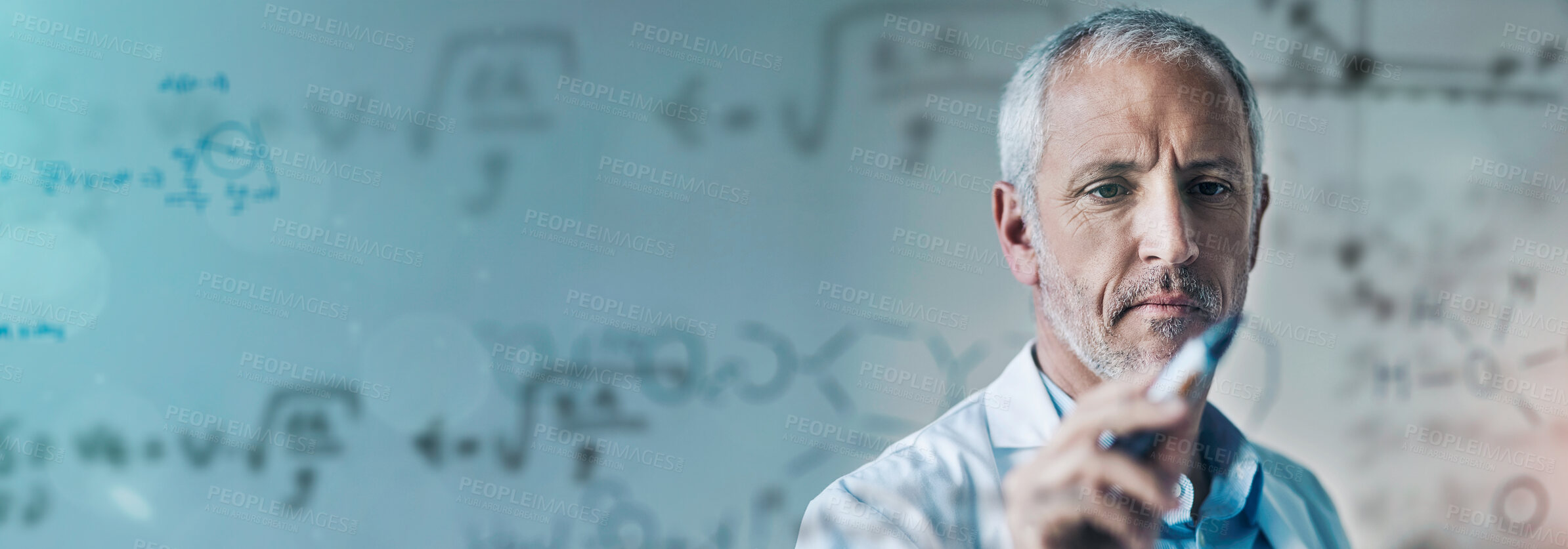 Buy stock photo Science, ideas and man in writing on glass in lab for biotech innovation, problem solving and medical research. Laboratory, brainstorming and scientist at whiteboard for pharmaceutical development.