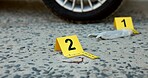 Crime scene, evidence and investigation with label for forensic science on street with car accident. Police case, number and glove with DNA, detective and blood discovery for arrest of criminal