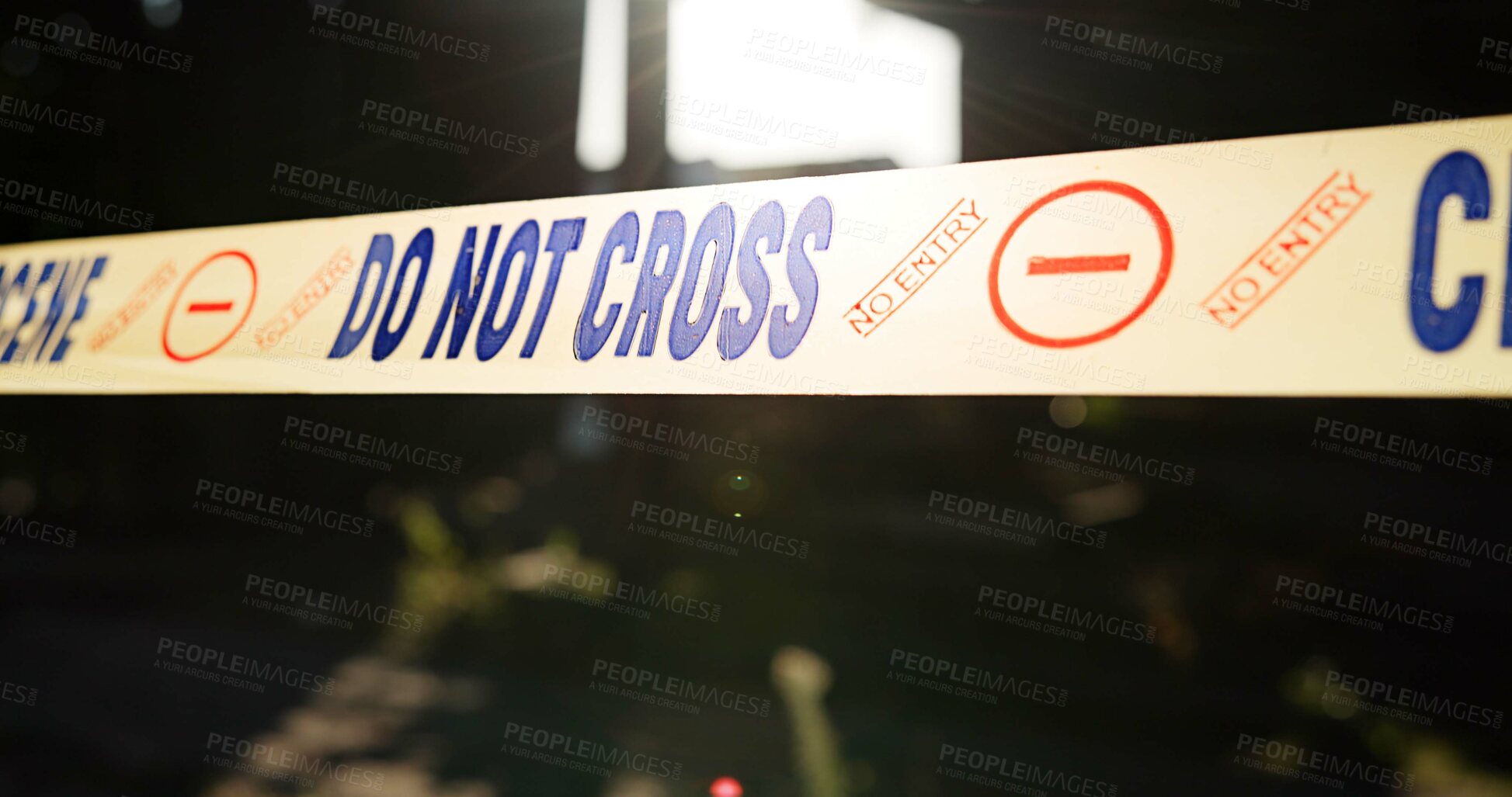 Buy stock photo Crime scene, police tape and danger in building for investigation with safety warning, caution or evidence. Forensic inspection, barrier sign and no entry in abandoned garage for emergency or closeup