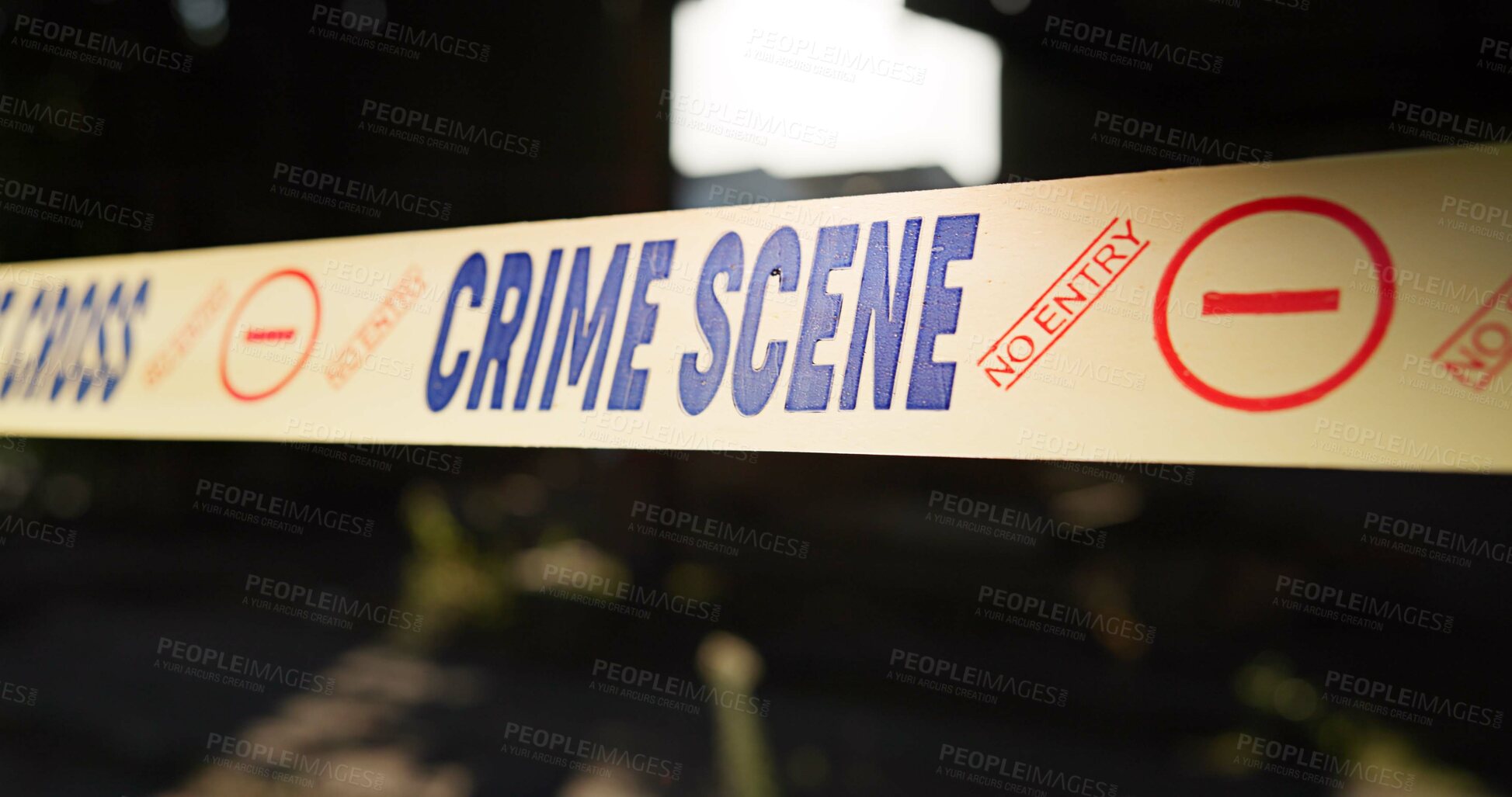 Buy stock photo Outdoor, crime scene and yellow tape for investigation, forensics and evidence. Night, robbery and observation with no entry sign or barricade for inspection, warning and danger with law enforcement
