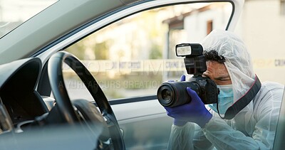 Buy stock photo Man, forensics and photography in car at crime scene for hijacking, murder and investigation. Man, employee and digital camera for evidence or inspection on accident, robbery and stolen vehicle