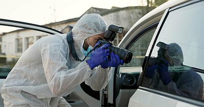 Buy stock photo Man, forensic photographer and camera at crime scene by car for evidence, inspection and police in street. Person, investigation and photography for problem solving, statistics and ppe on metro road