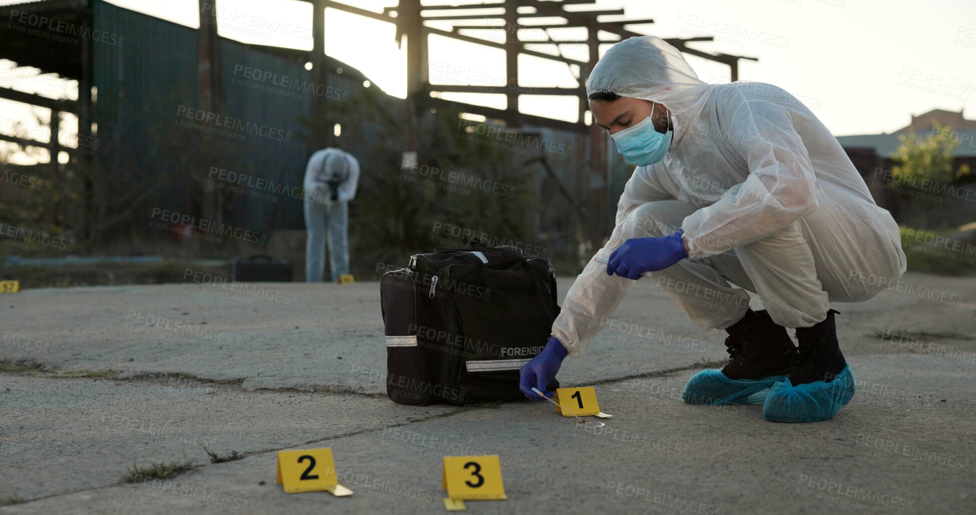 Buy stock photo Forensics, person and sample of crime scene with evidence outdoor, dna investigation and murder inspection. Team, hazmat and police tape for blood review, swab observation and documentation protocol