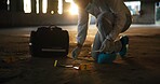 Crime scene, person or forensics with swab for evidence, DNA sample or clue in abandoned warehouse. CSI specialist, hazmat suit or investigation in building for legal service, inspection or pathology