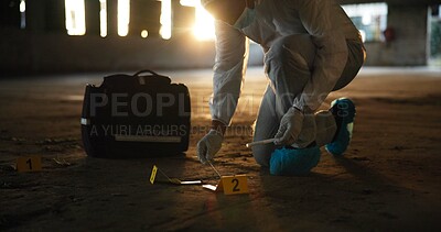 Buy stock photo Crime scene, person or forensics with swab for evidence, DNA sample or clue in abandoned warehouse. CSI specialist, hazmat suit or investigation in building for legal service, inspection or pathology