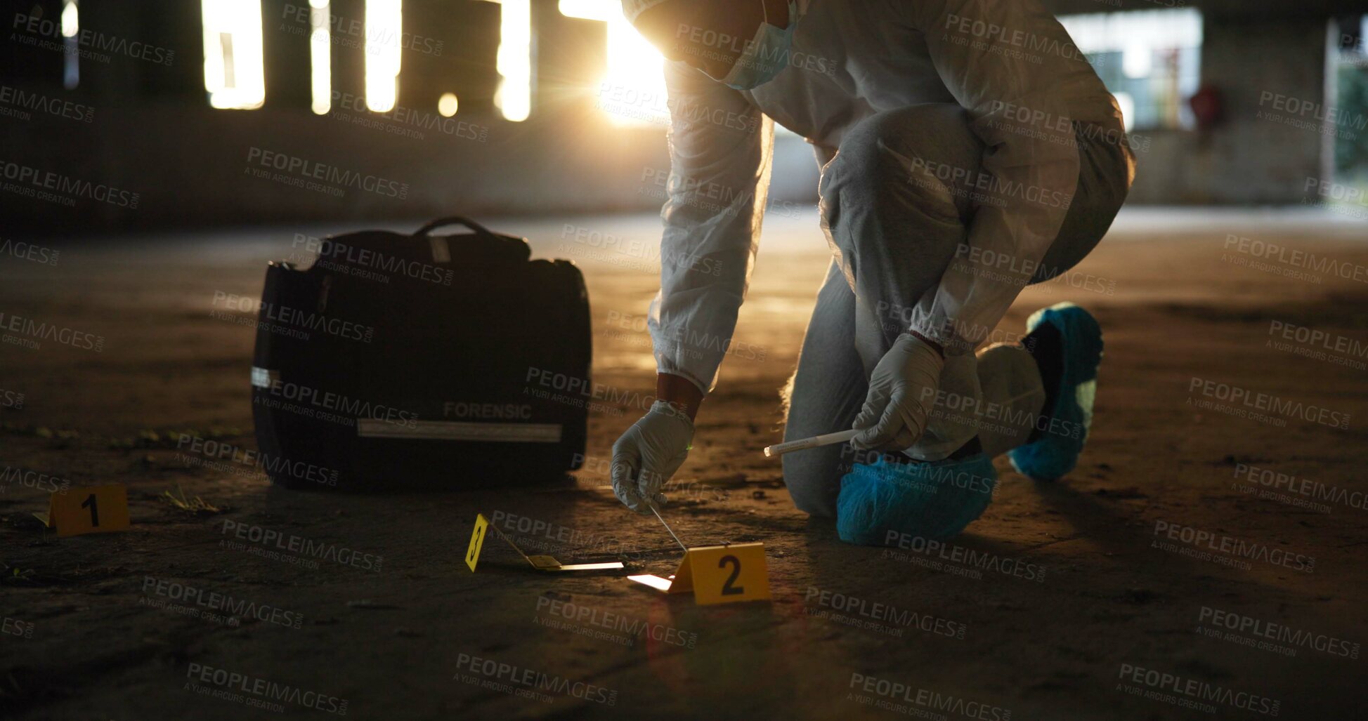 Buy stock photo Crime scene, person or forensics with swab for evidence, DNA sample or clue in abandoned warehouse. CSI specialist, hazmat suit or investigation in building for legal service, inspection or pathology