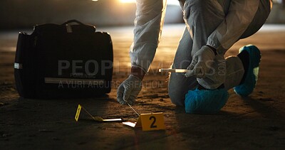 Buy stock photo Crime scene, person and hands with swab for evidence, DNA sample and clue in abandoned warehouse. Forensic specialist, PPE suit or investigation in building for legal service, inspection or pathology