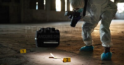 Buy stock photo Crime, person and photography at scene for evidence, documentation and spotlight in abandoned warehouse. Forensic specialist, PPE or camera in building for legal service, clue inspection or pathology