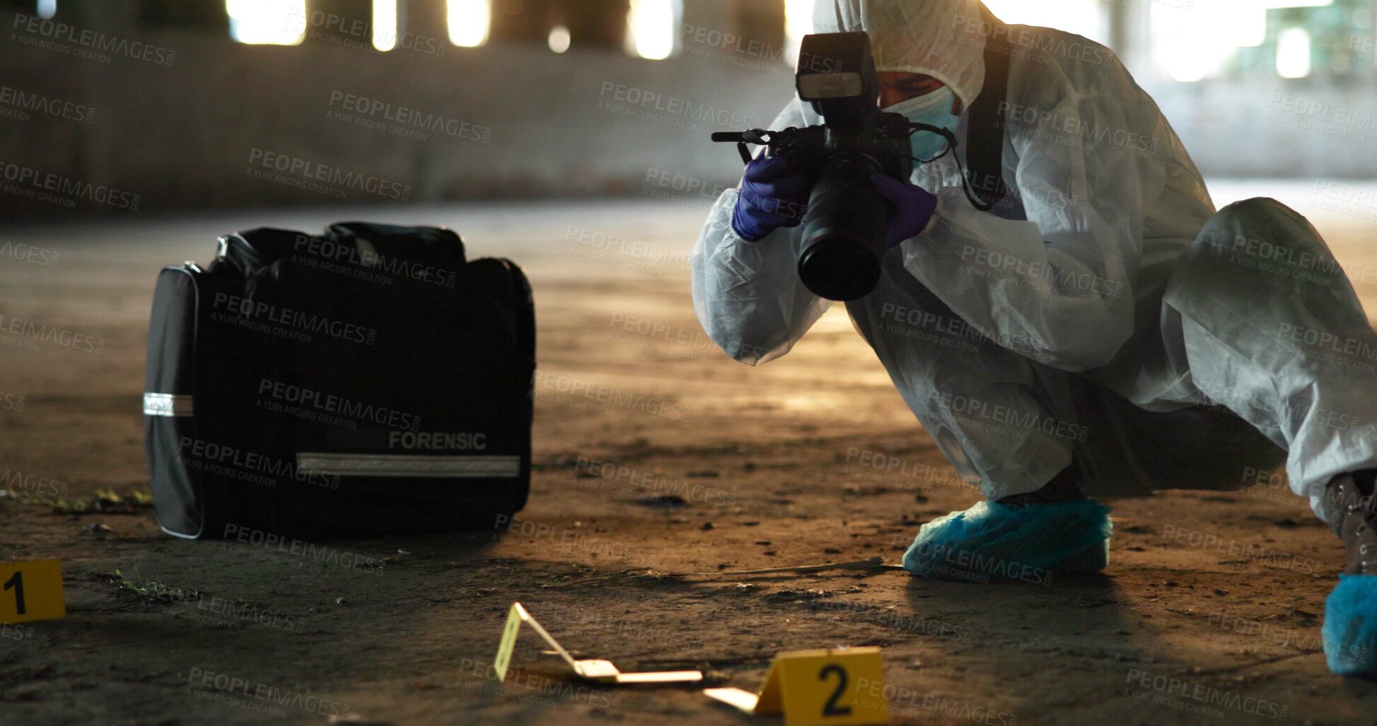 Buy stock photo Crime, person and photography at scene for investigation, documentation and evidence in abandoned warehouse. Forensic specialist, PPE or camera in building for legal service, inspection or pathology