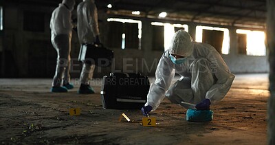 Buy stock photo Crime, people and forensics at scene with swab, evidence and DNA sample with clue in abandoned warehouse. CSI team, hazmat suit or investigation in building for legal service, inspection or pathology